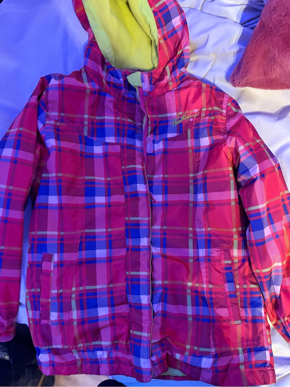 Weatherproof Girls' Pink Plaid Hooded Jacket with Lime Lining